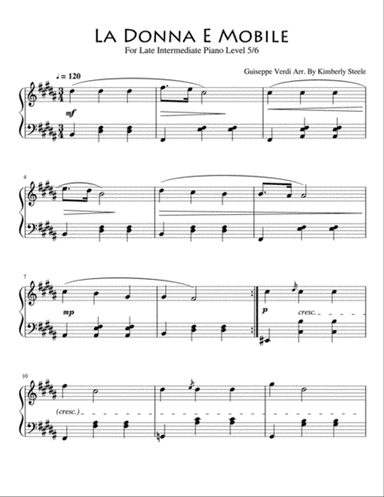 La Donna é Mobile for Late Intermediate Piano Level 5/6