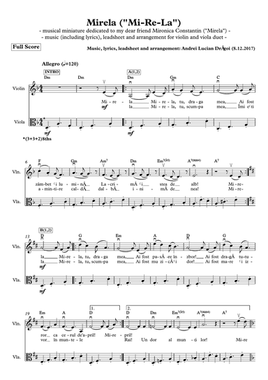 Mirela ("Mi-Re-La") - musical miniature arranged for violins & violas (duo) dedicated to my dear fri
