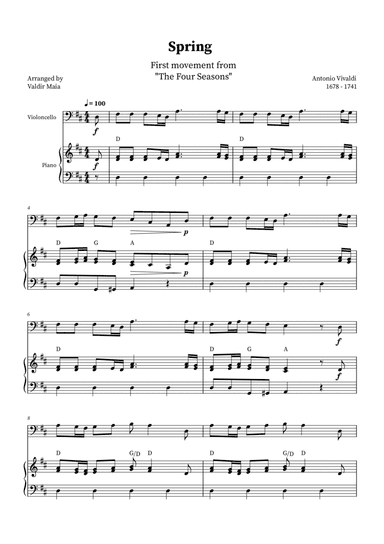 Spring - The Four Seasons for Cello and Piano (D Major with chords)
