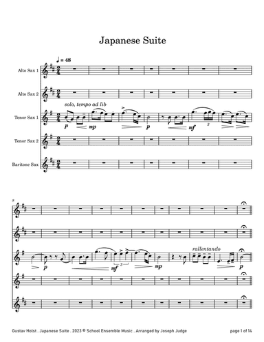 Japanese Suite by Holst for Saxophone Quintet in Schools