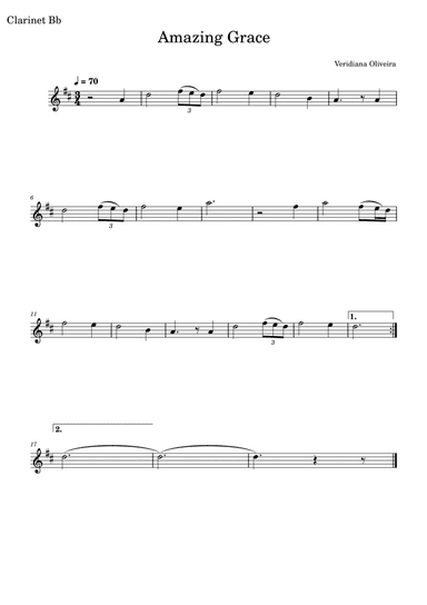 Amazing Grace, for Clarinet ,in D Major