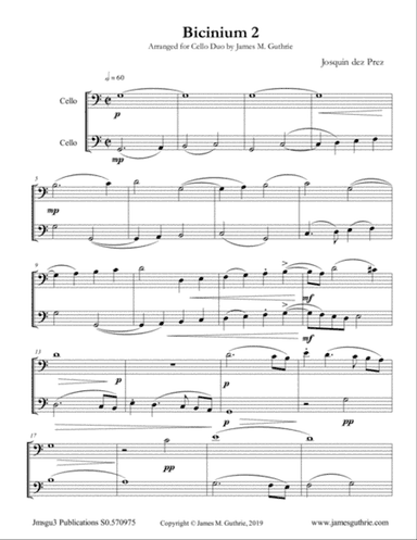 Josquin: Bicinium 2 for Cello Duo