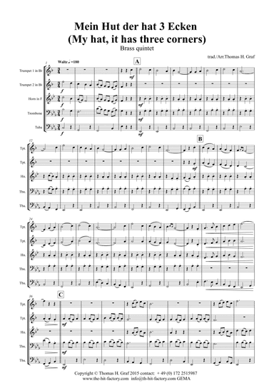 Mein Hut der hat 3 Ecken (My hat, it has three corners) - Folk - Brass Quintet