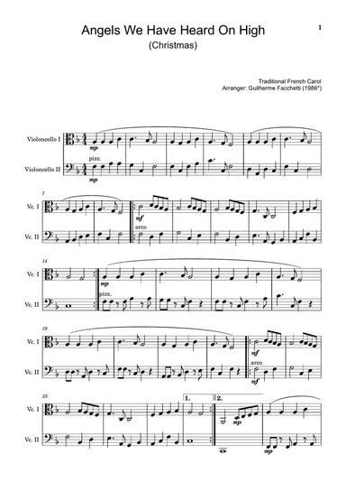 Traditional French Carol - Angels We Have Heard on High. Arrangement for Cello Duet