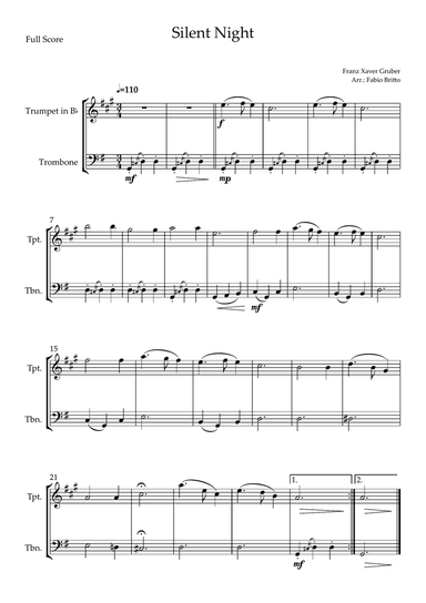 Silent Night (Christmas Song) for Trumpet in Bb & Trl b Duo