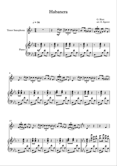 Habanera, Georges Bizet, For Tenor Saxophone & Piano