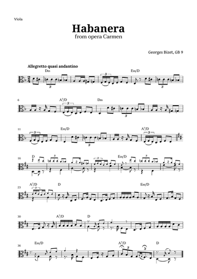 Habanera from Carmen by Bizet for Viola with Chords