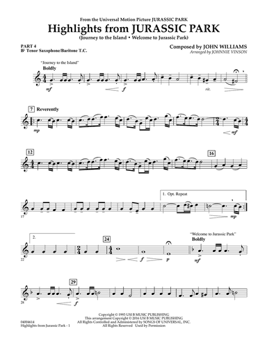 Highlights from Jurassic Park - Pt.4 - Bb Tenor Sax/Bar. T.C.