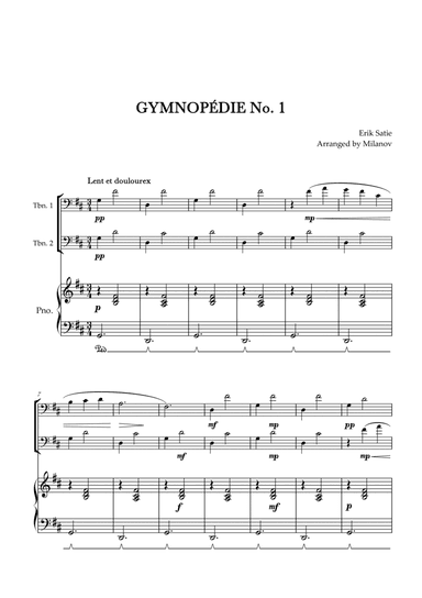 Gymnopédie no 1 | Trombone Duet | Original Key| Piano accompaniment |Easy intermediate