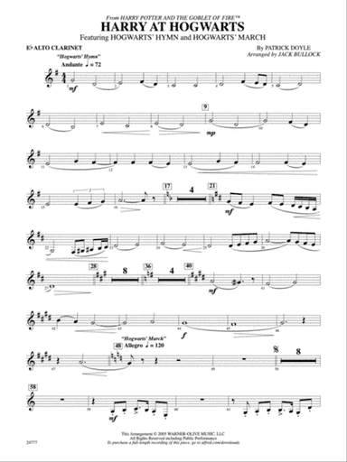 Harry at Hogwarts (from Harry Potter and the Goblet of Fire): E-flat Alto Clarinet