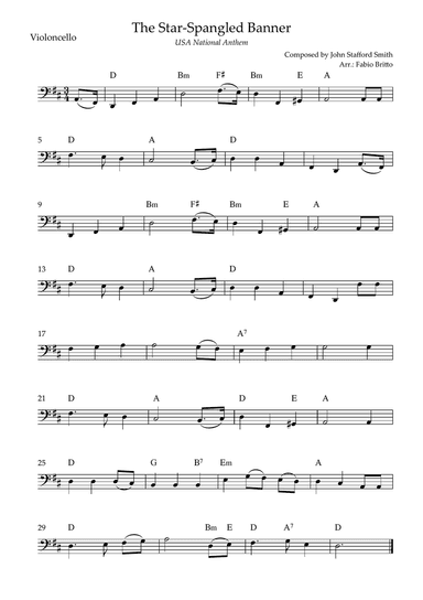 The Star Spangled Banner (USA National Anthem) for Cello Solo with Chords (D Major)