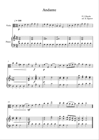 Andante (Surprise Symphony), Franz Joseph Haydn, For Viola & Piano