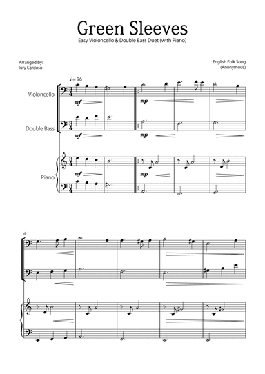 "Green Sleeves" - Beautiful easy version for CELLO & DOUBLE BASS DUET and PIANO