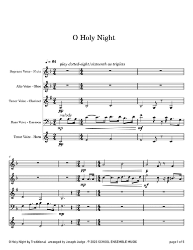 O Holy Night for Woodwind Quartet in Schools