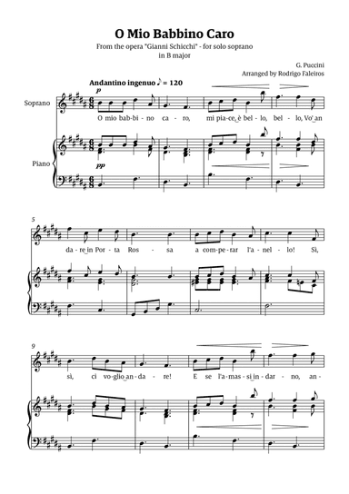 O Mio Babbino Caro - for soprano (in B major)