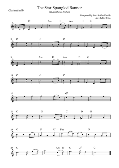 The Star Spangled Banner (USA National Anthem) for Clarinet in Bb Solo with Chords (Bb Major)