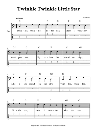 Twinkle Twinkle Little Star - For Bass (C Major with TAB and Lyrics)