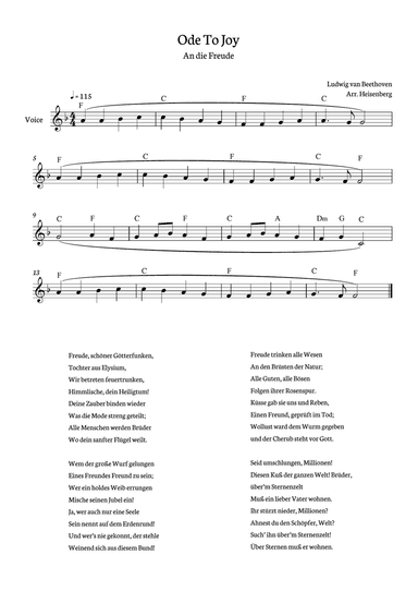 Beethoven - Ode To Joy for voice with chords in F (Lyrics in German)