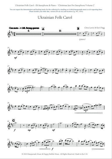 Ukrainian Folk Carol - Eb Saxophone and Piano (swing style!) by Chris Lawry and Keri Degg. Includes