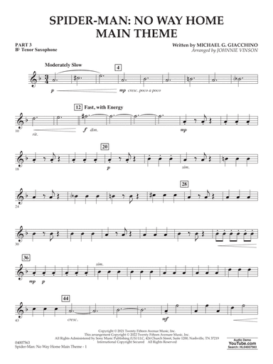 Spider-Man: No Way Home Main Theme (arr. Vinson) - Pt.3 - Bb Tenor Saxophone