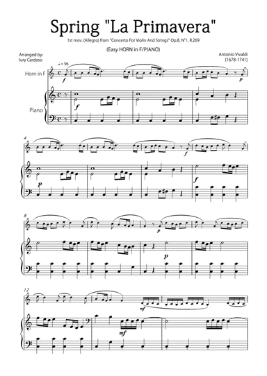 "Spring" (La Primavera) by Vivaldi - Easy version for HORN in F & PIANO