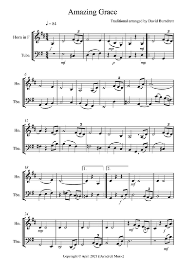 Amazing Grace for French Horn and Tuba Duet