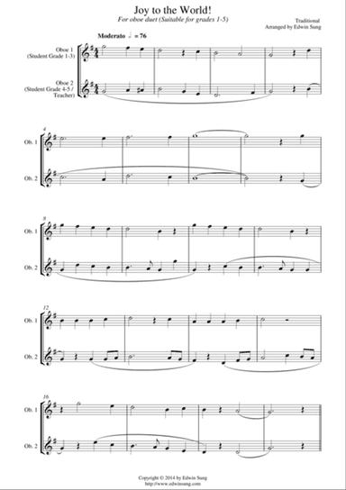 Joy to the World (for oboe duet, suitable for grades 1-5)