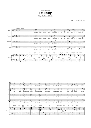 Lullaby by Brahms for TTBB Choir and Piano