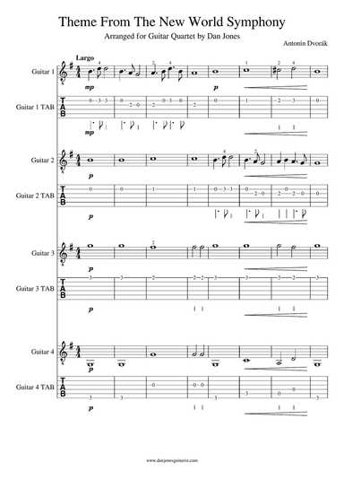 Antonin Dvorak - Theme From 'The New World Symphony' for Easy Guitar Quartet