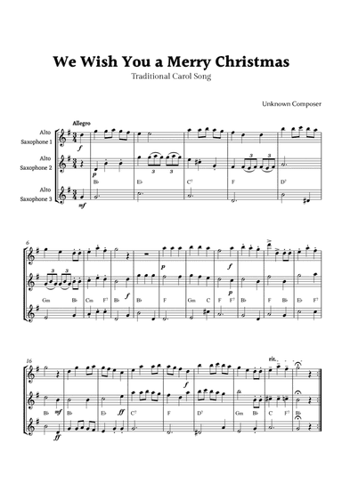We Wish you a Merry Christmas for Alto Saxophone Trio with Chords