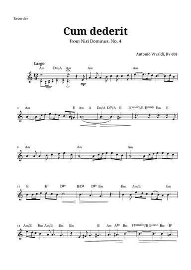 Cum dederit of Vivaldi for Recorder and Chords