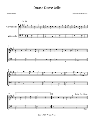 Douce Dame Jolie - Clarinet and Cello Arrangement