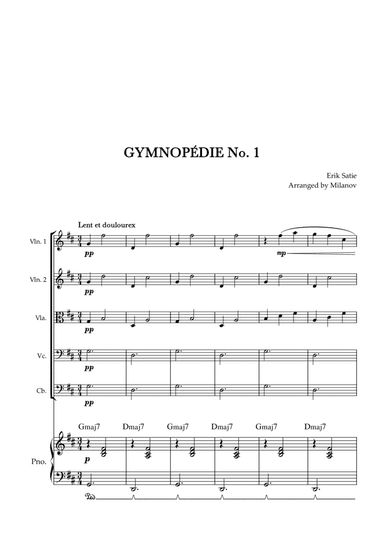 Gymnopédie no 1 | String Quintet | Original Key | Chords | Piano accompaniment |Easy intermediate