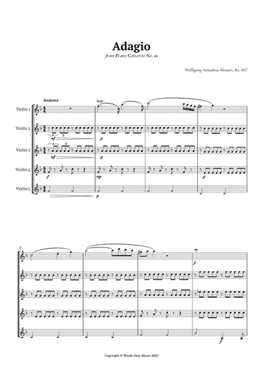 Andante from Piano Concerto No. 21 by Mozart for Violin Quintet