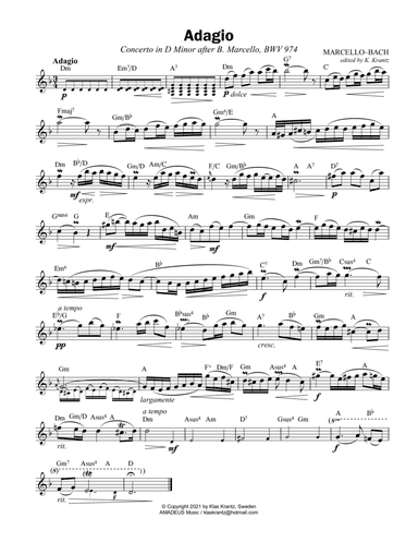 Adagio BWV 974, Conc. in D Min after Marcello, leed sheet (unornamented melody)