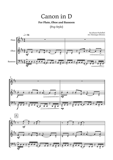 Canon in D (Pop Style) - For Flute, Oboe and Bassoon
