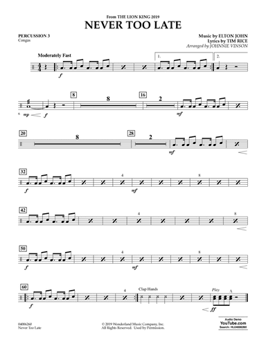 Never Too Late (from The Lion King 2019) (arr. Johnnie Vinson) - Percussion 3