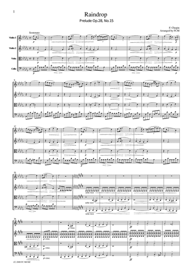 Chopin Raindrop (Prelude Op.28, No.15), for string quartet, CC003