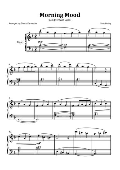 Morning Mood by Grieg - Easy/Intermediate Piano Solo