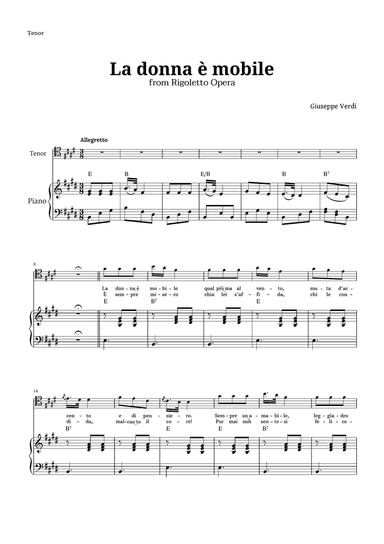 La donna è mobile in E major for Tenor and Piano