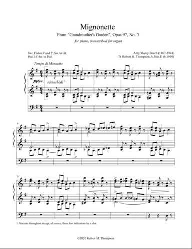Amy Beach for the ORGAN, "Mignonette" from "Grandmother's Garden" for piano, Op. 97 #3, 1922
