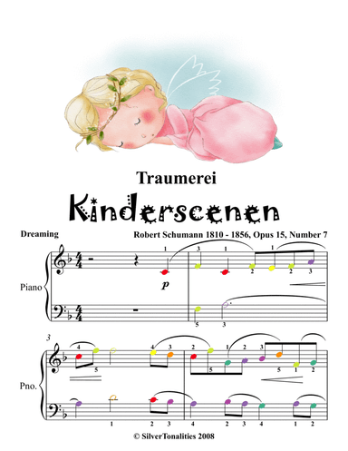 Traumerei Kinderscenen Opus 15 Number 7 Easy Piano Sheet Music with Colored Notes