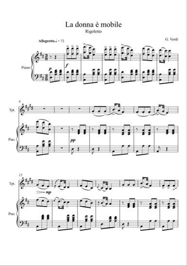 Giuseppe Verdi - La donna e mobile (Rigoletto) Trumpet Solo - D Key