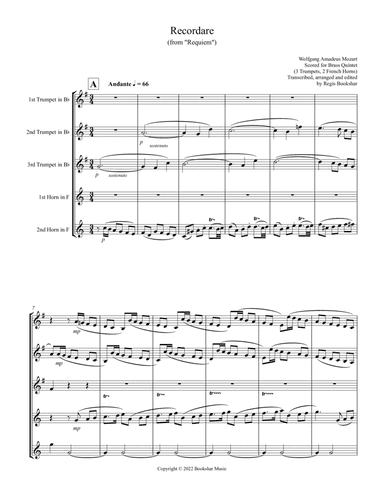 Recordare (from "Requiem") (F) (Brass Quintet - 3 Trp, 2 Hrn)