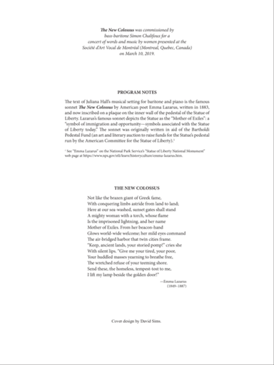 The New Colossus: Setting for Baritone and Piano of the Poem by Emma Lazarus (Downloadable)