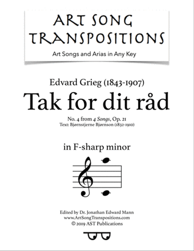 GRIEG: Tak for dit råd, Op. 21 no. 4 (transposed to F-sharp minor)