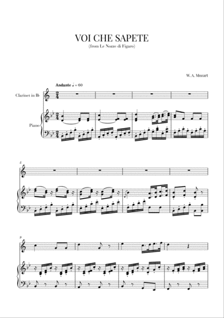 Mozart - Voi Che Sapete (for Clarinet and Piano)