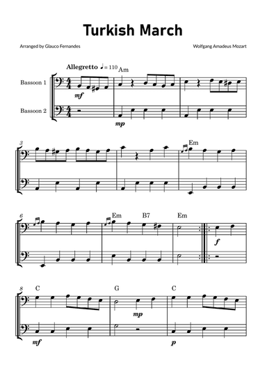 Turkish March by Mozart - Bassoon Duet with Chord Notations