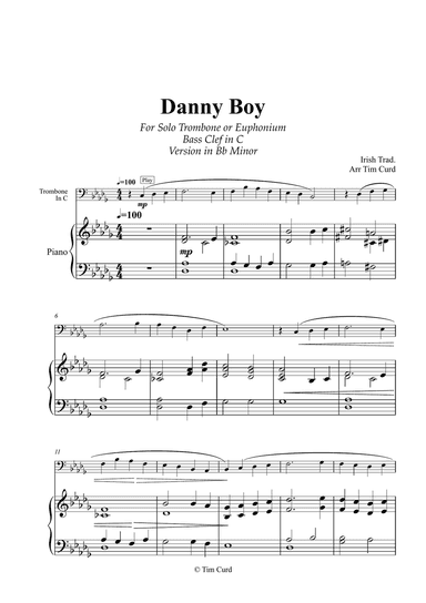 Danny Boy for Solo Trombone/Euphonium in C (bass clef) and Piano. Version in Bb Minor