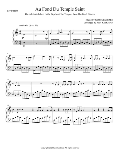 Au font du temple saint (The Peart Fishers Duet) for lever harp in C no levers required!